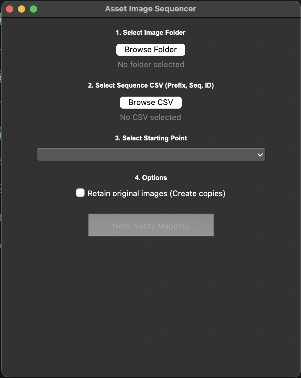 Asset Image Sequencer 1 - Select your input folder and CSV file